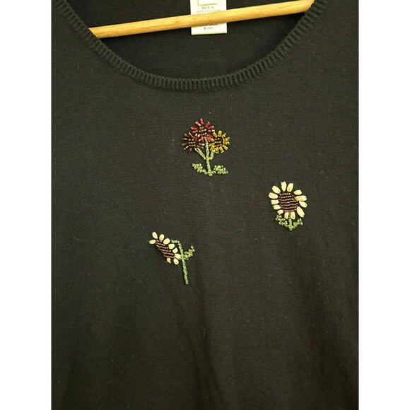 Susan Bristol Women Black Beaded Floral Embroidered Sweater Size XL Short Sleeve - Picture 2 of 4